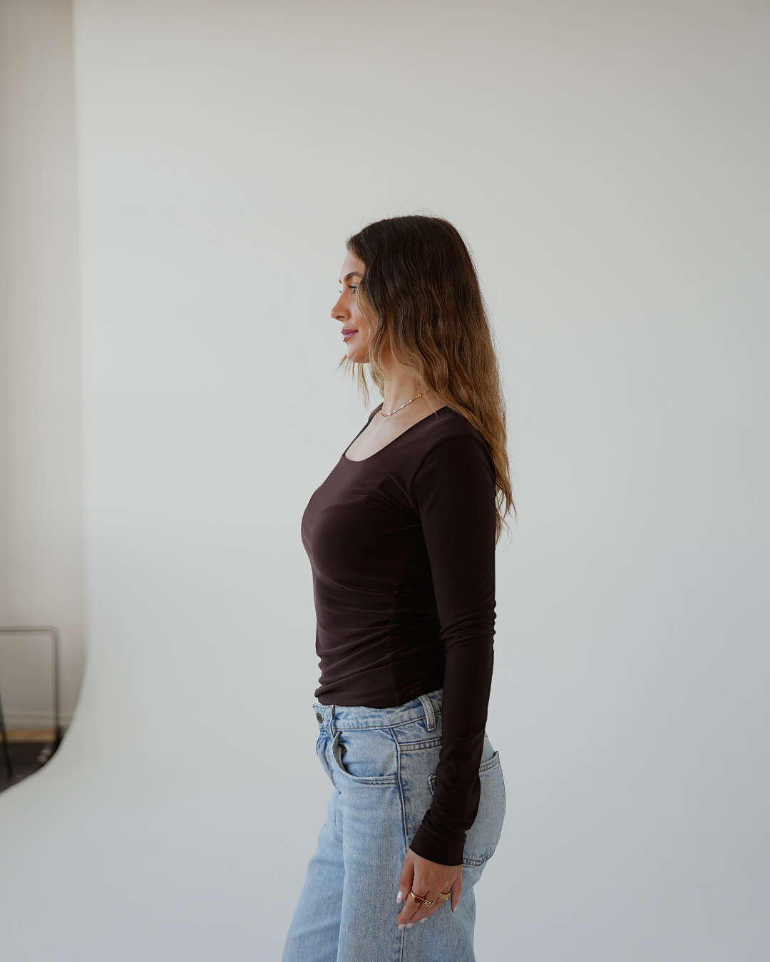 Chocolate Brown Square Neck Long Sleeved Top