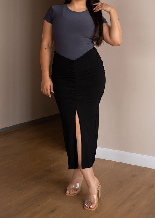 Black Slit Skirt with Ruched Detail
