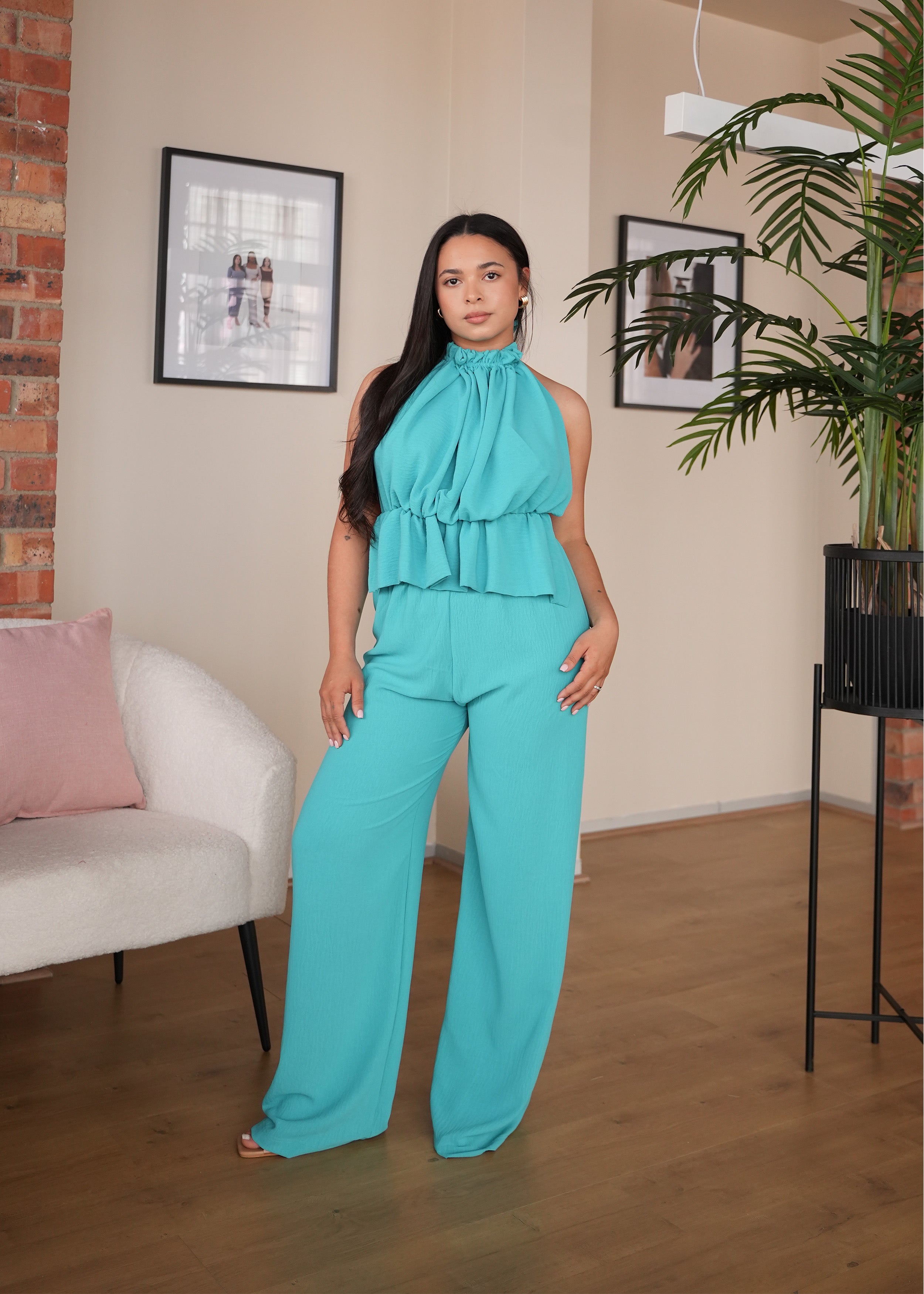 M | Turquoise Ruffle Halter Neck Top