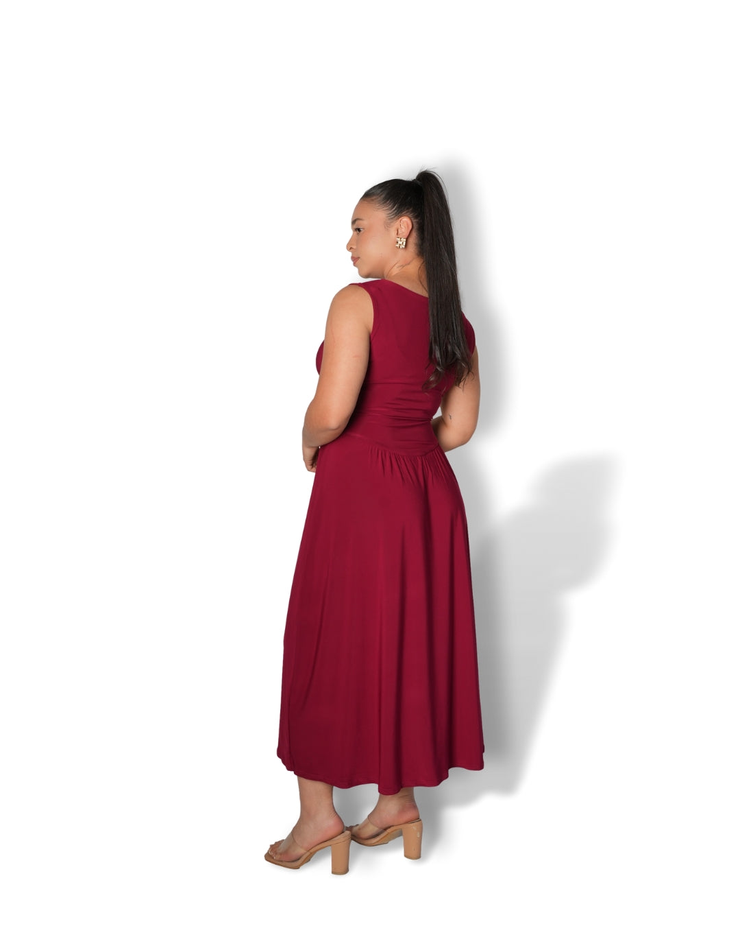 Maroon Boat Neck Drop Waist Midi Dress