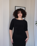 Black Crew-Neck Sculpted Dress with Short Sleeves