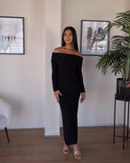 Black Bardot Sculpted Dress with Long Sleeves