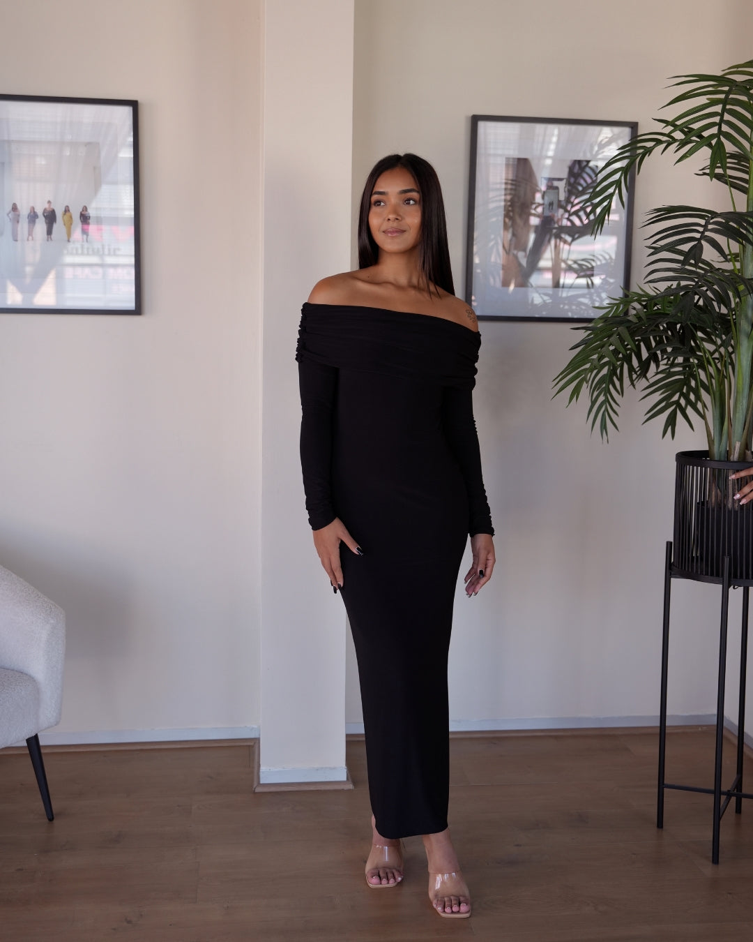 Black Bardot Sculpted Dress with Long Sleeves