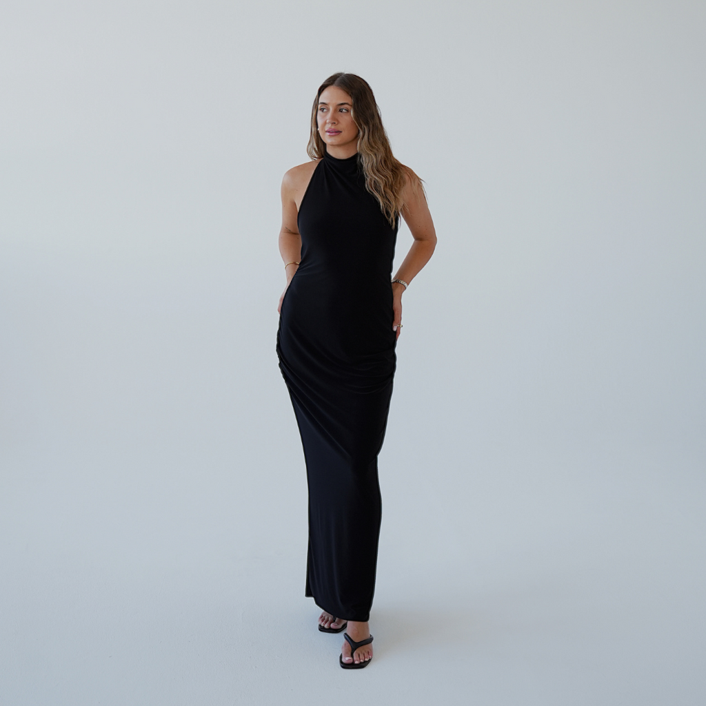 Black Smooth High Neck Dress