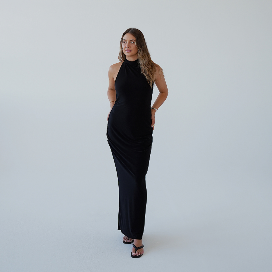 Black Smooth High Neck Dress