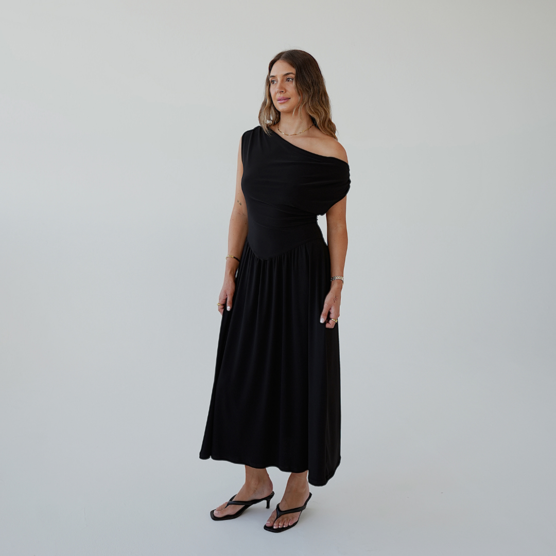 Black Cowl Neck Drop Waist Midi Dress