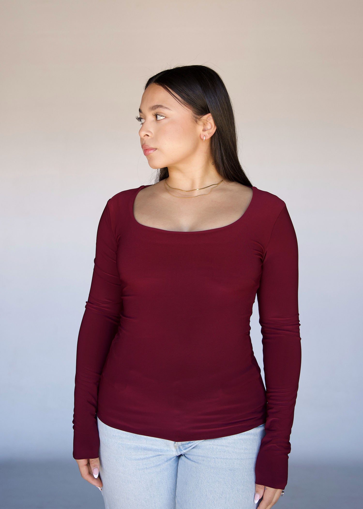 Maroon Square Neck Long Sleeved Top