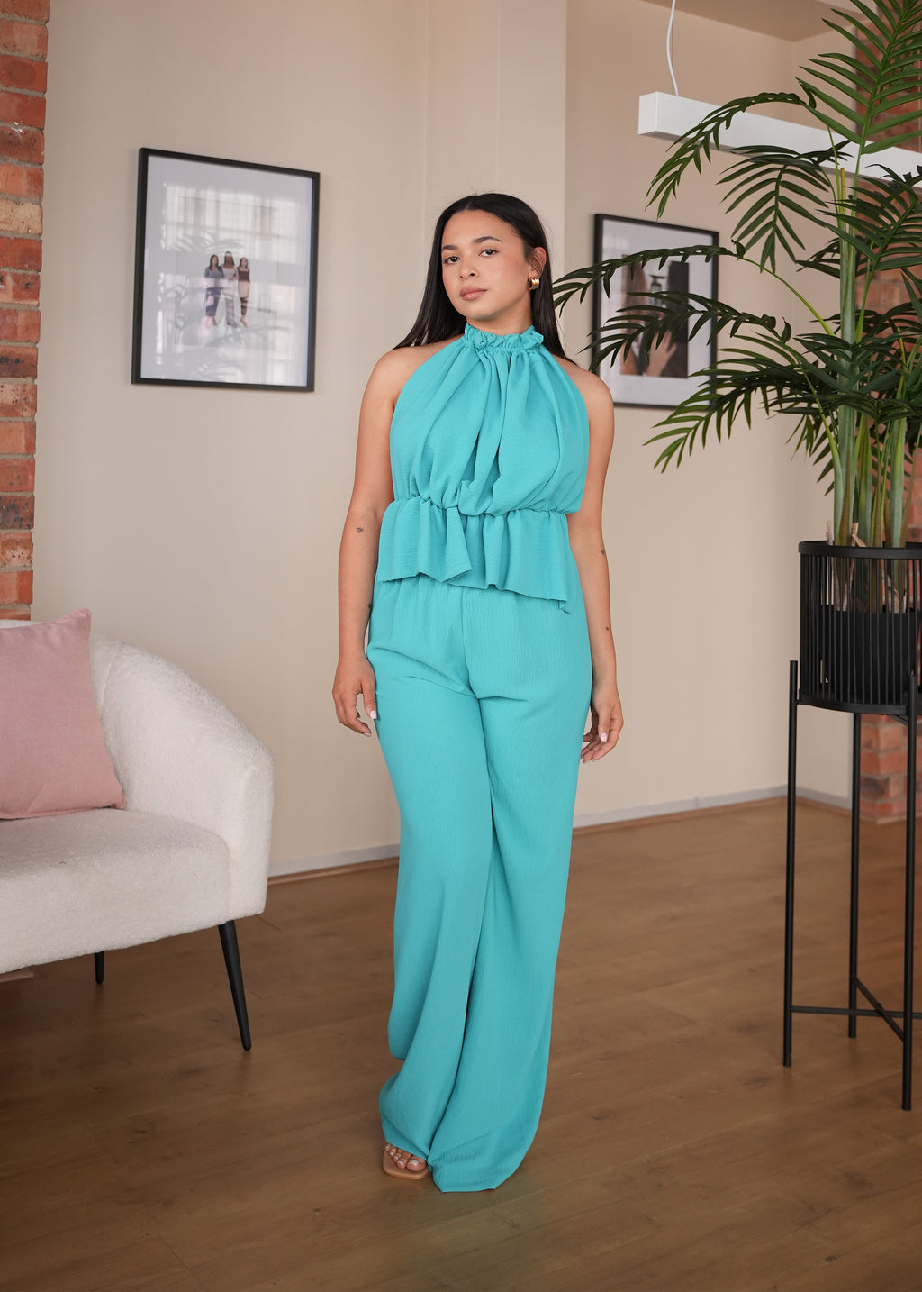M | Turquoise Ruffle Halter Neck Top