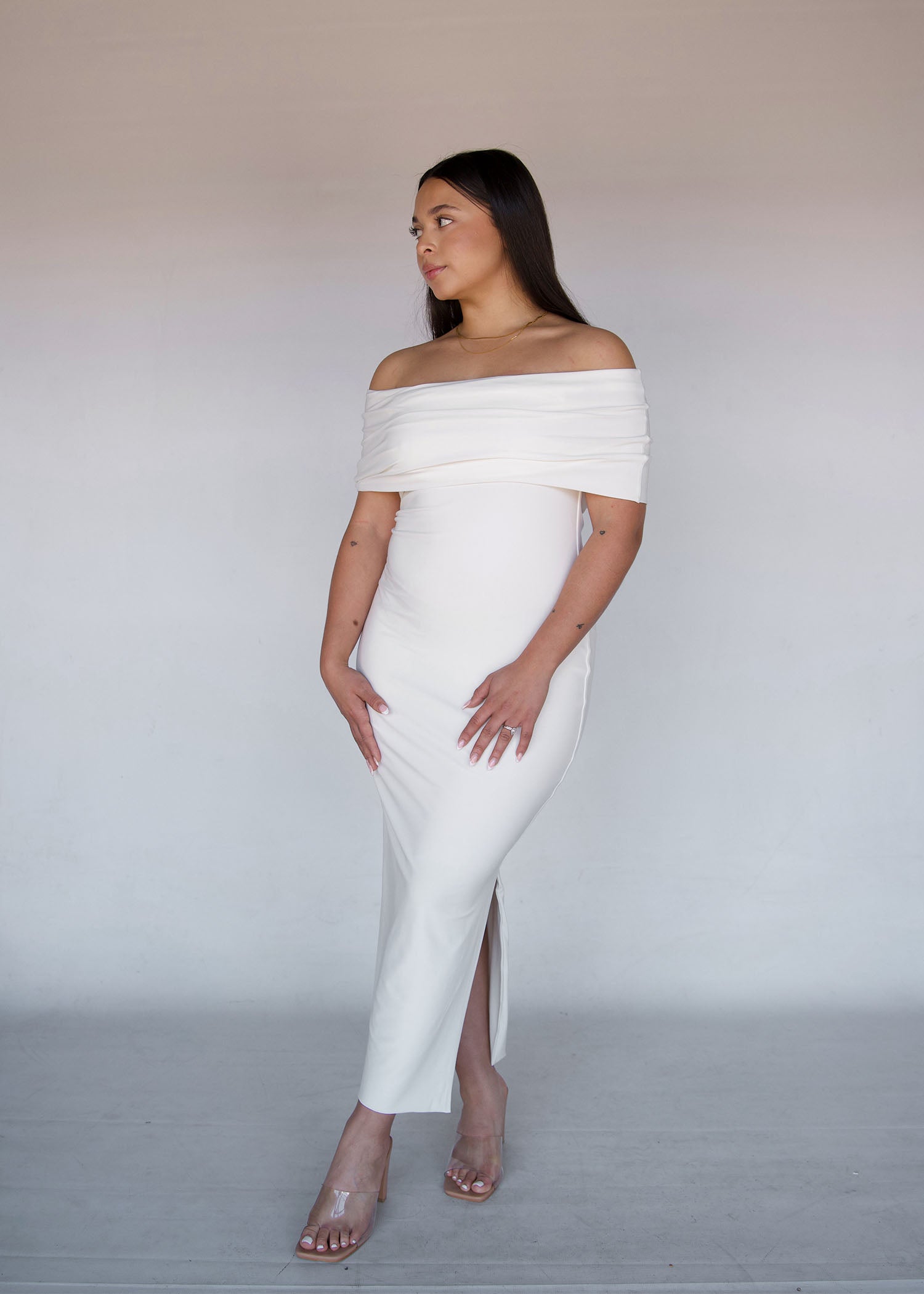 Cream Off-shoulder Cocktail Dress The Shopaholic Cream Off-shoulder Cocktail Dress The Shopaholic