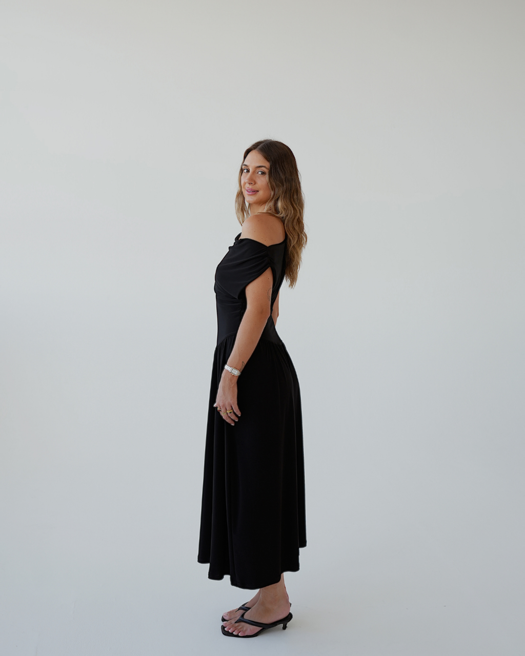 Black Cowl Neck Drop Waist Midi Dress