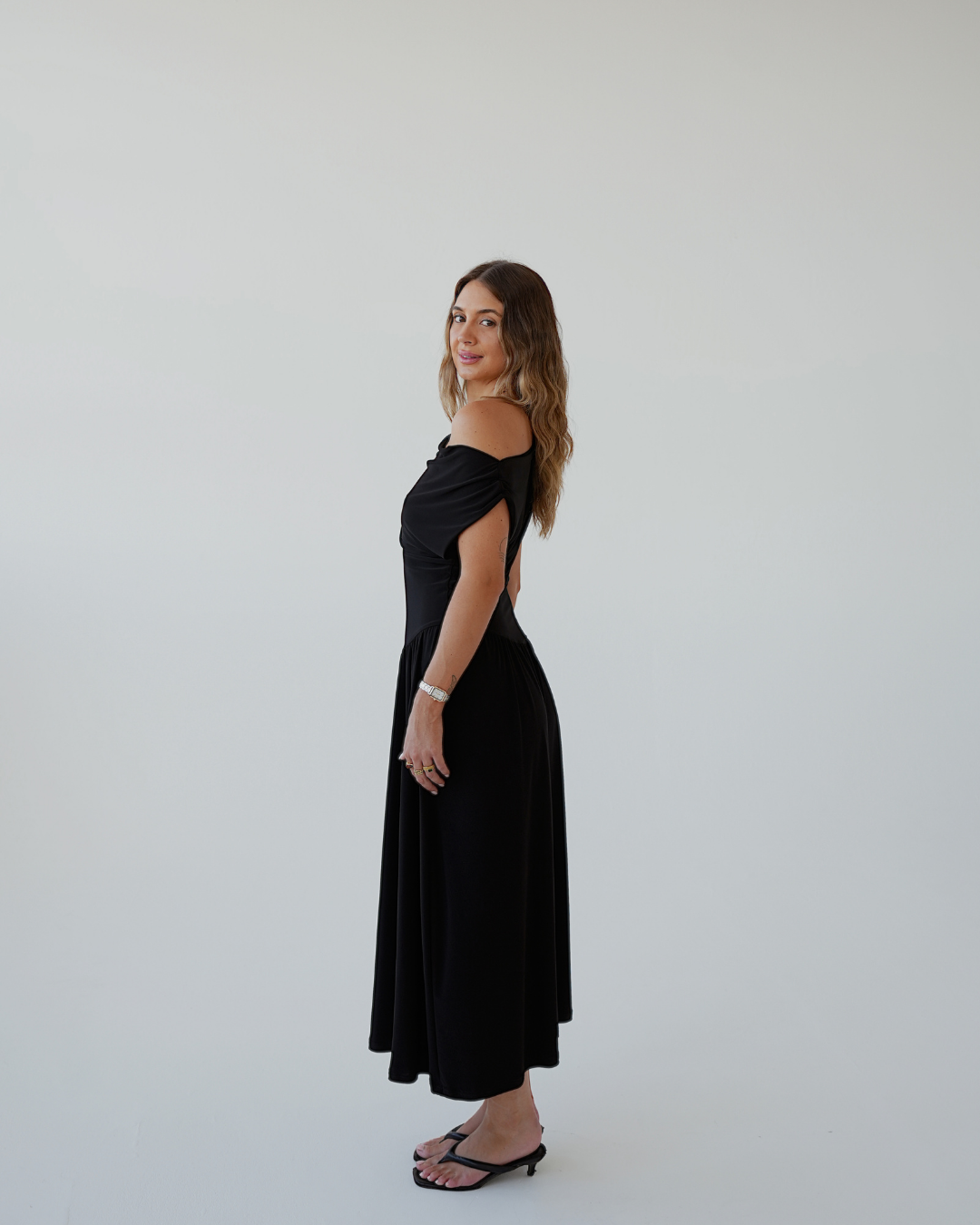 Black Cowl Neck Drop Waist Midi Dress