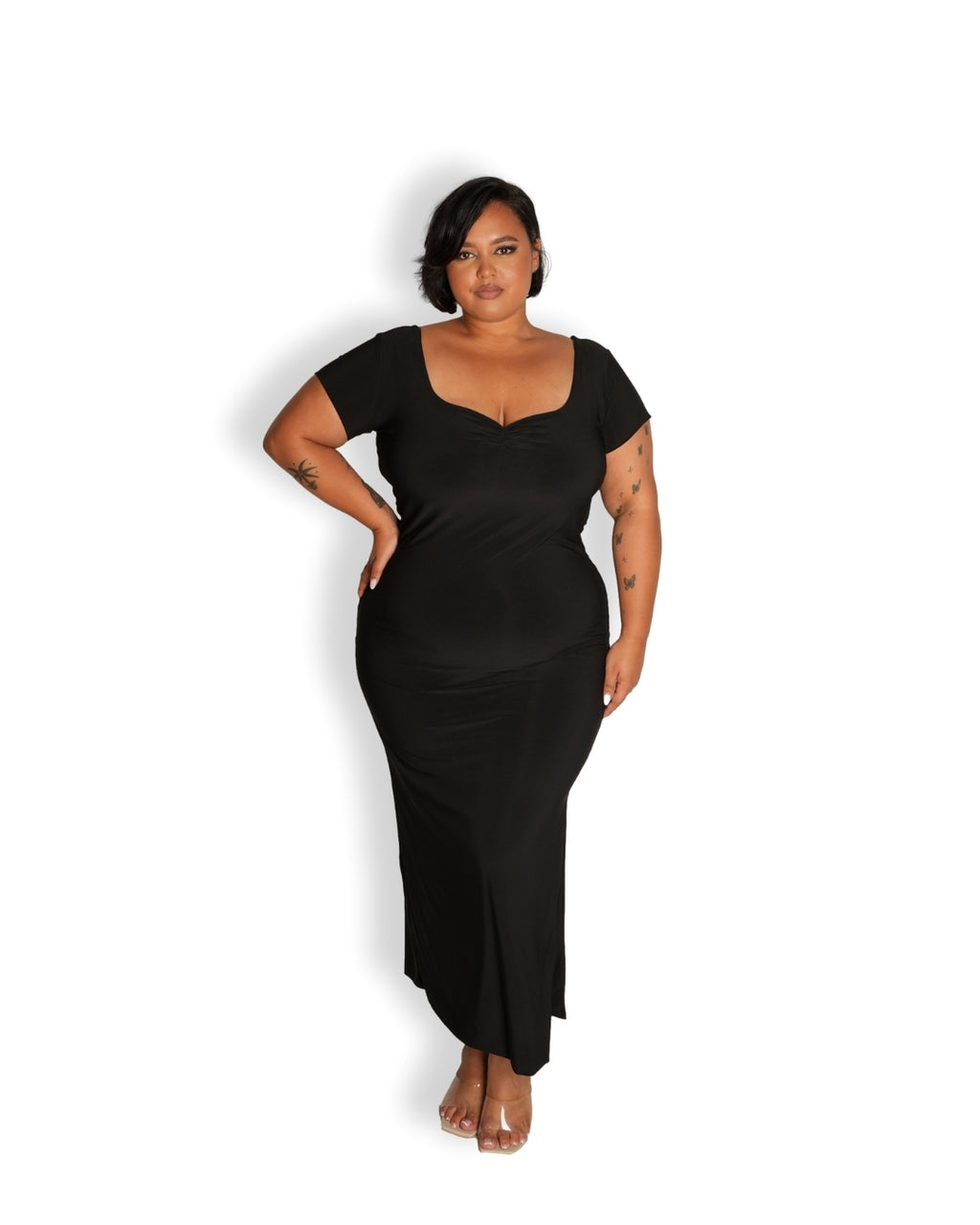 Black Short Sleeved Sweet-heart Dress