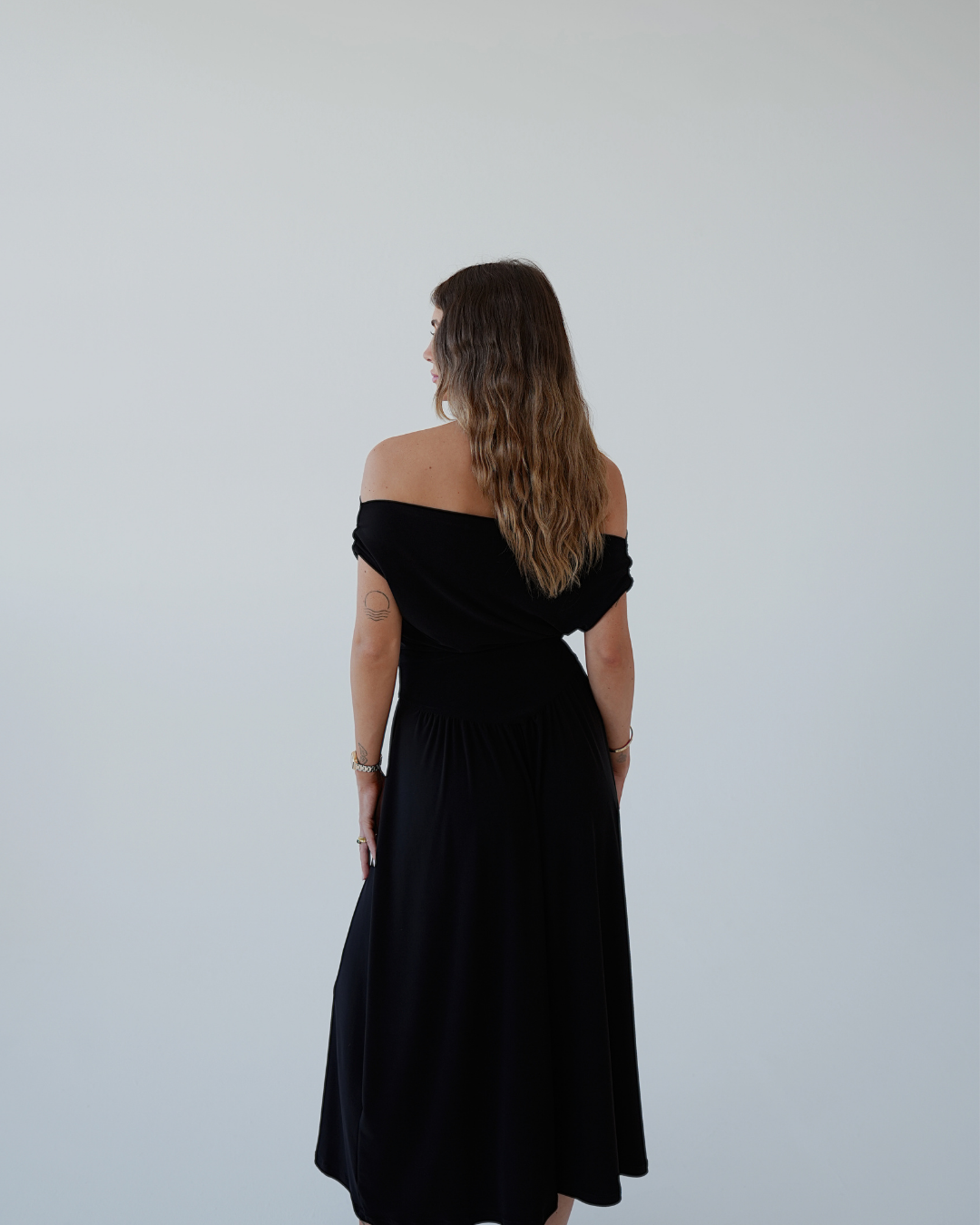 Black Cowl Neck Drop Waist Midi Dress