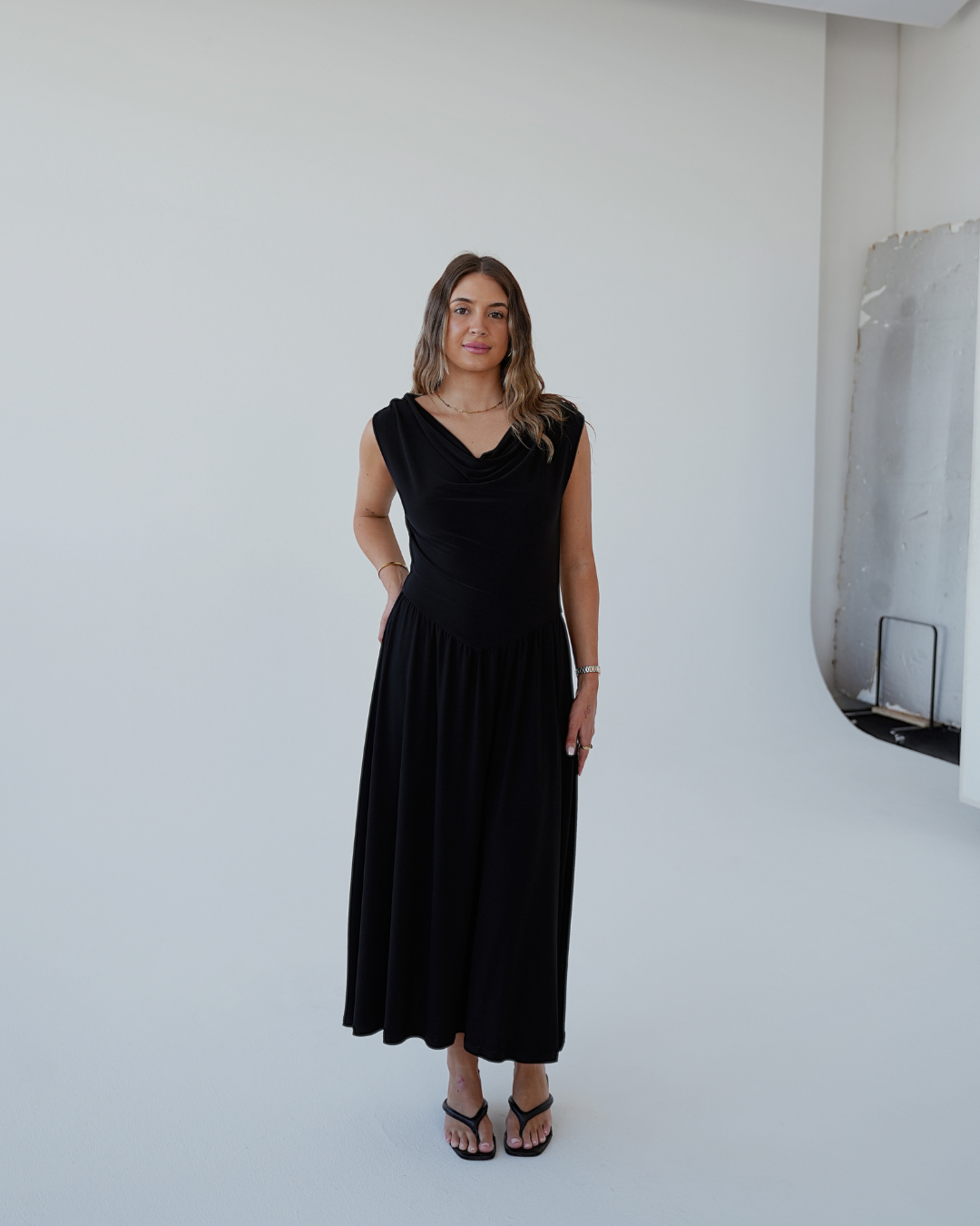 Black Cowl Neck Drop Waist Midi Dress