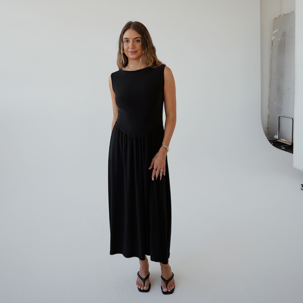 Black Boat Neck Drop Waist Midi Dress
