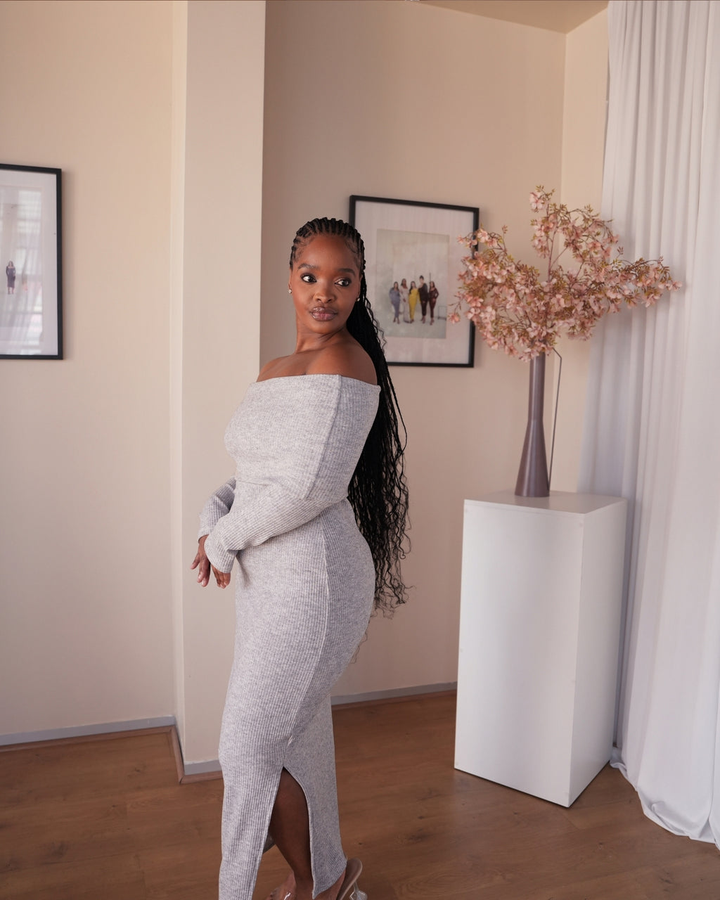 Grey Knit Off-Shoulder Dress