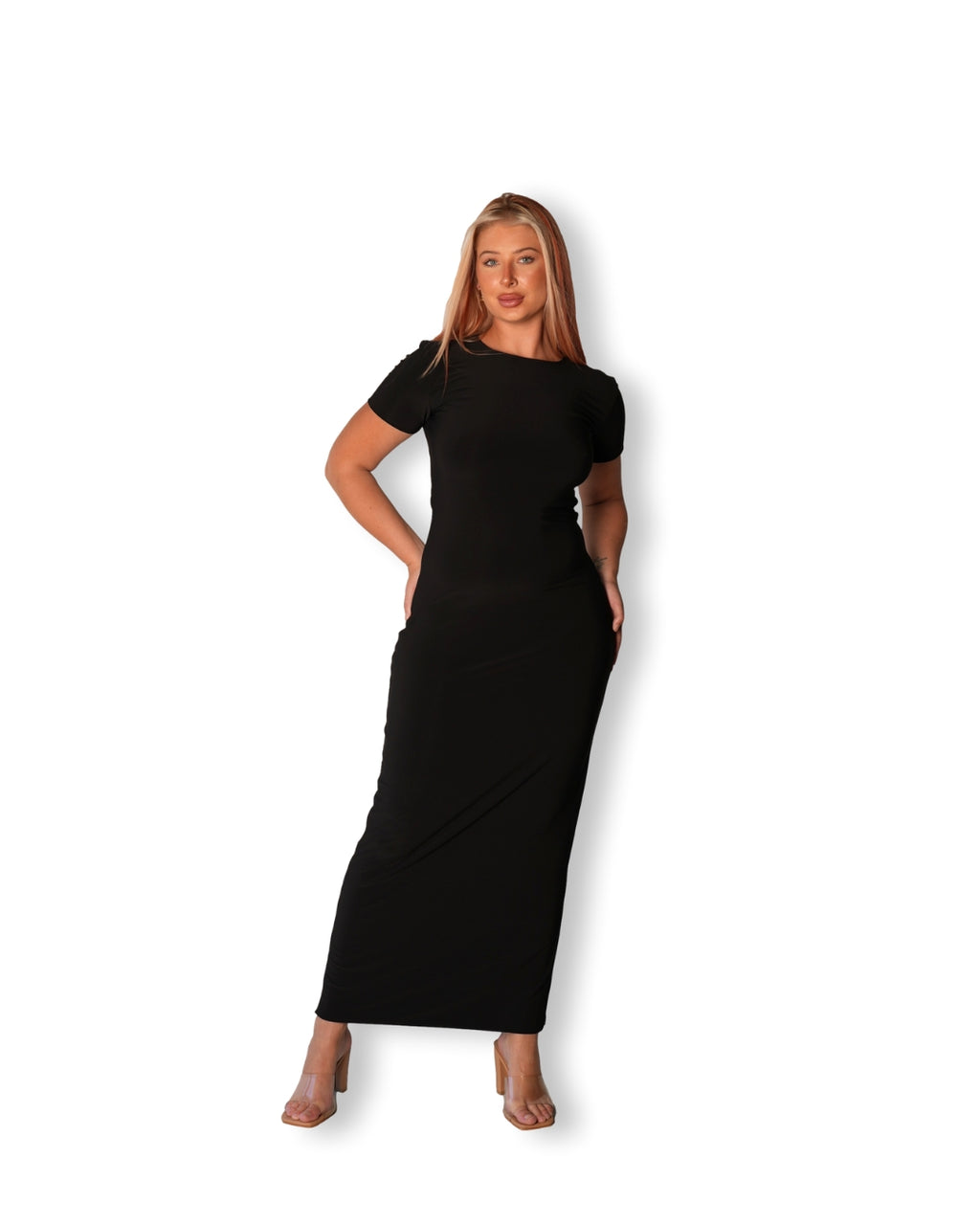 Black Crew-Neck Sculpted Dress with Short Sleeves