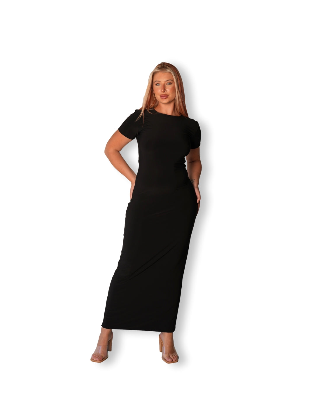 Black Crew-Neck Sculpted Dress with Short Sleeves
