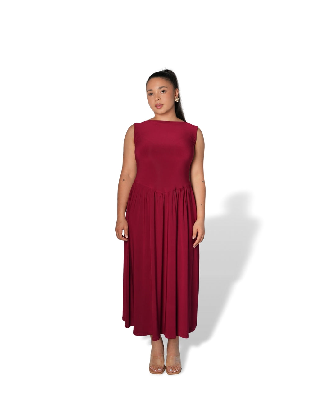 Maroon Boat Neck Drop Waist Midi Dress
