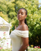 L | Cream Off-Shoulder Drop Waist Dress