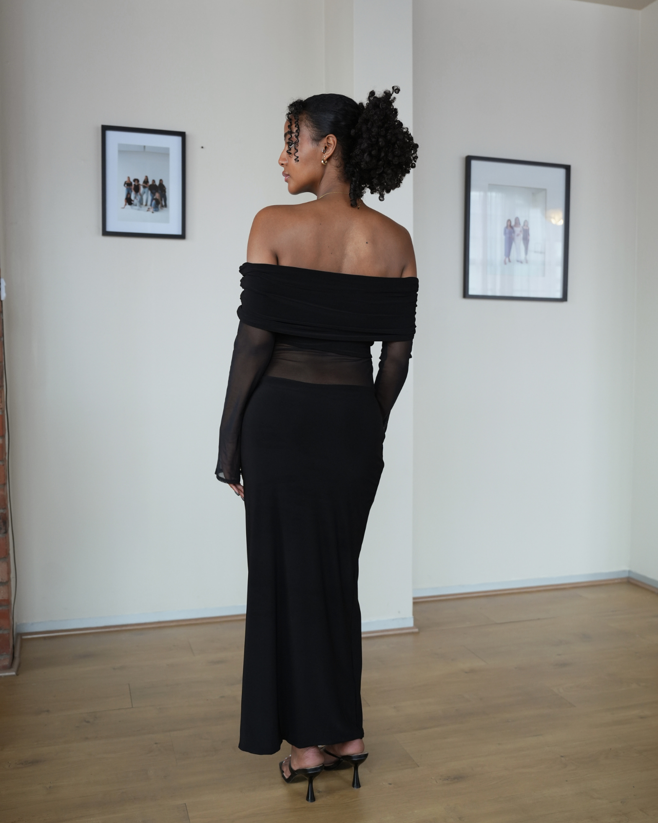 Black Mesh Off-Shoulder Dress with Long Sleeves