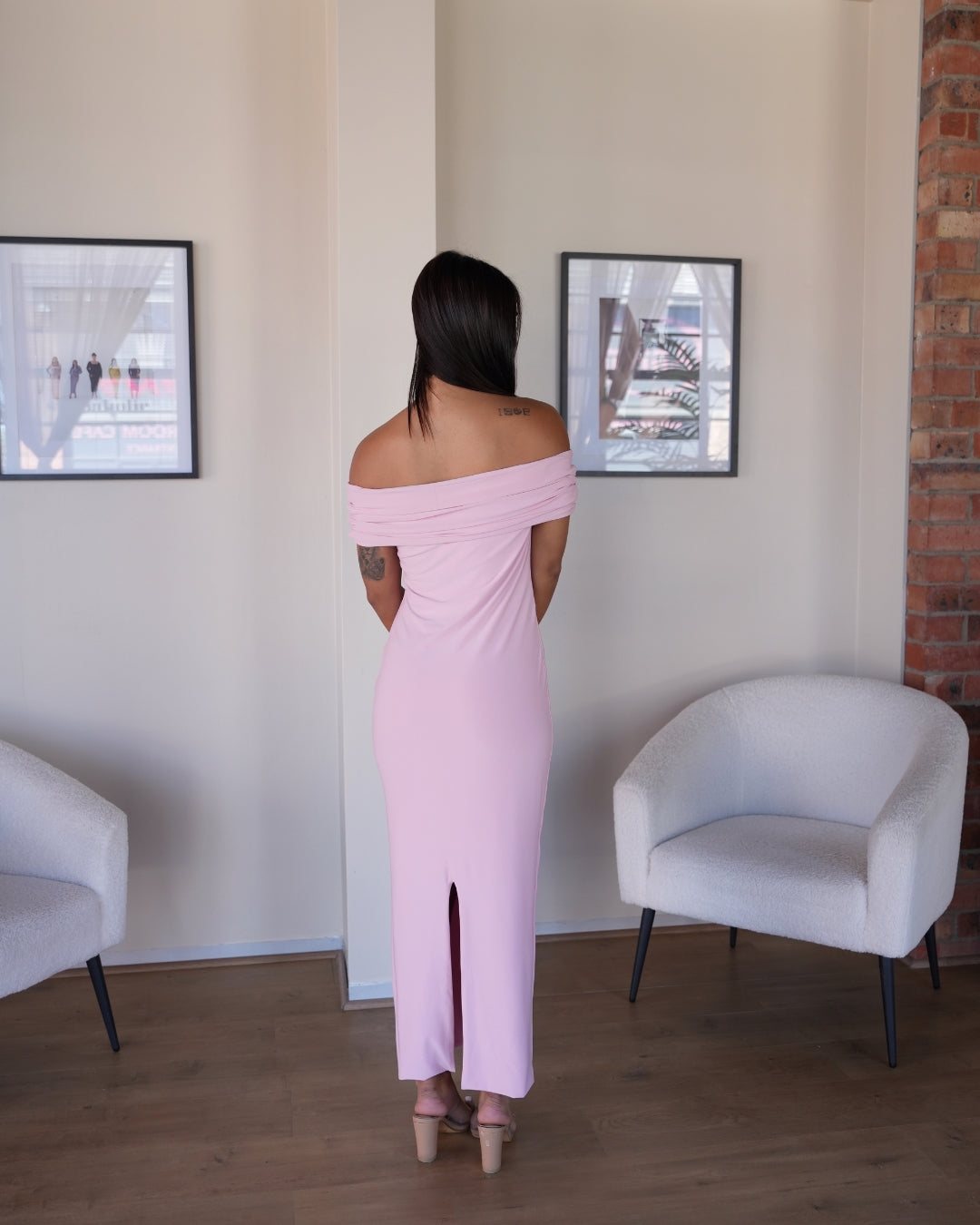 Baby Pink Off-shoulder Bardot Sculpted Dress