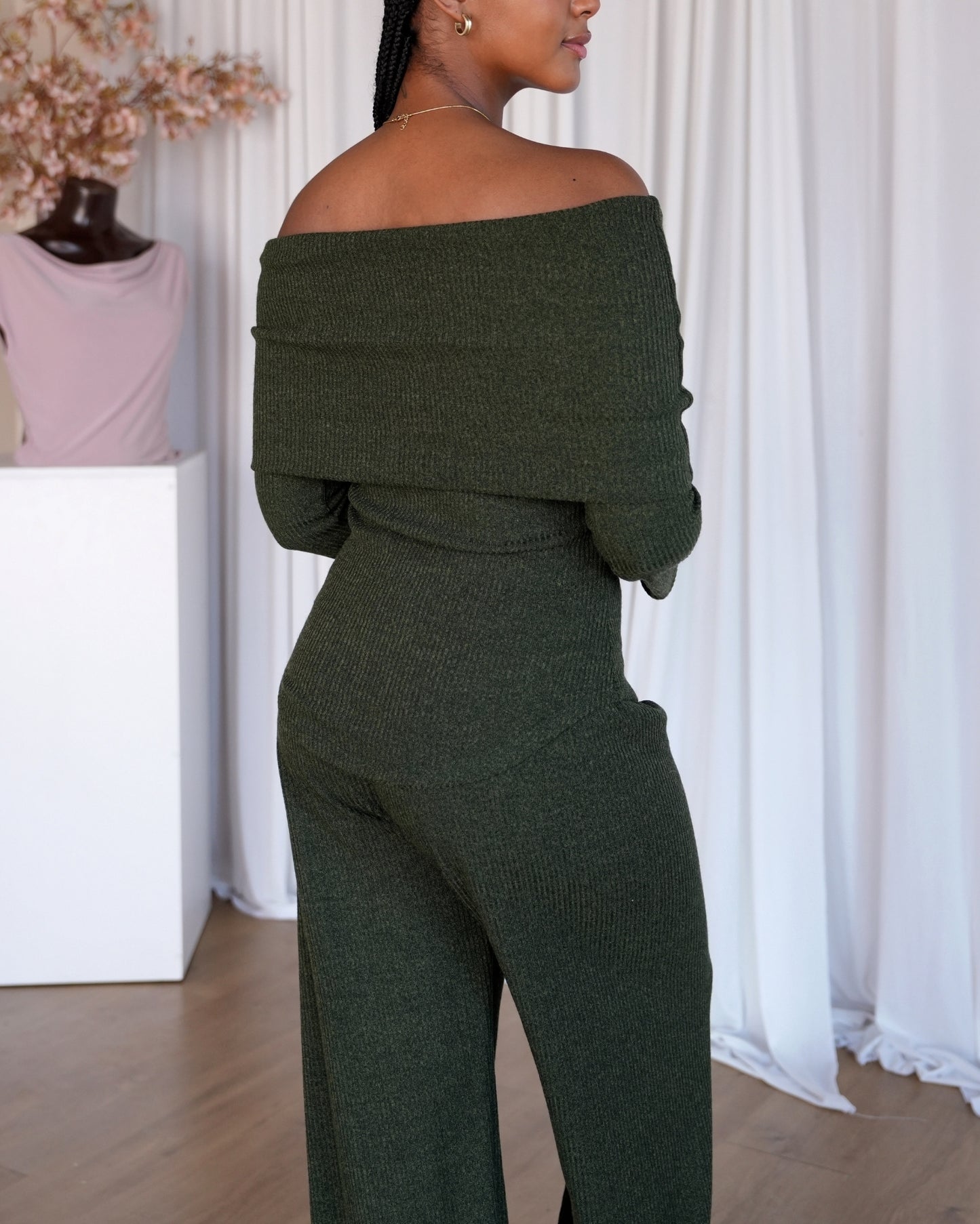 Military Green Knit Off Shoulder Top