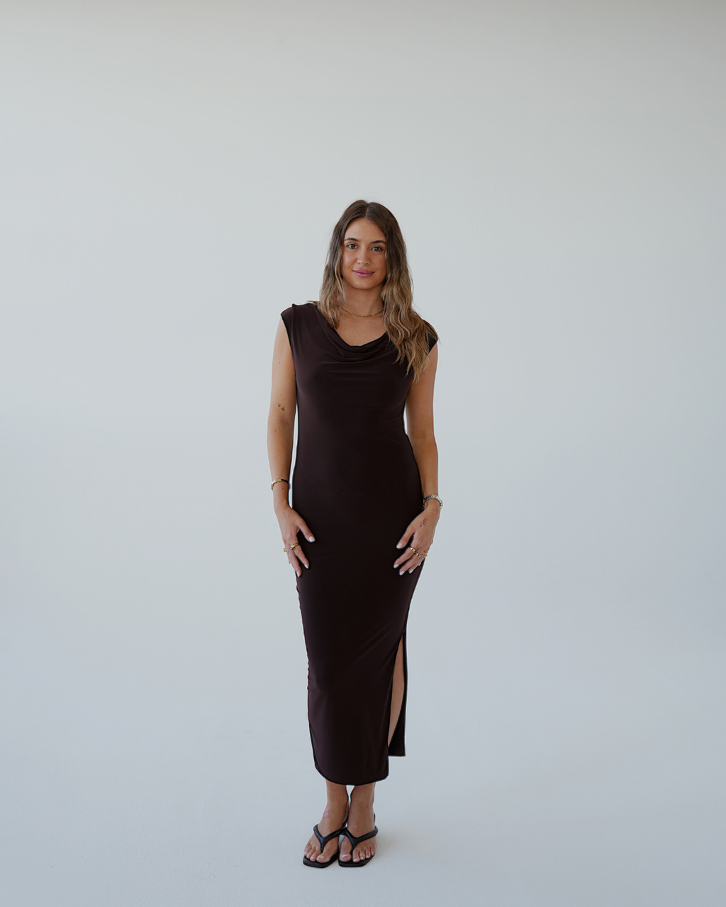 Chocolate Brown Cowl-Neck Dress with Slit