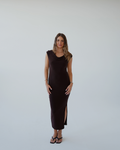 Chocolate Brown Cowl-Neck Dress with Slit
