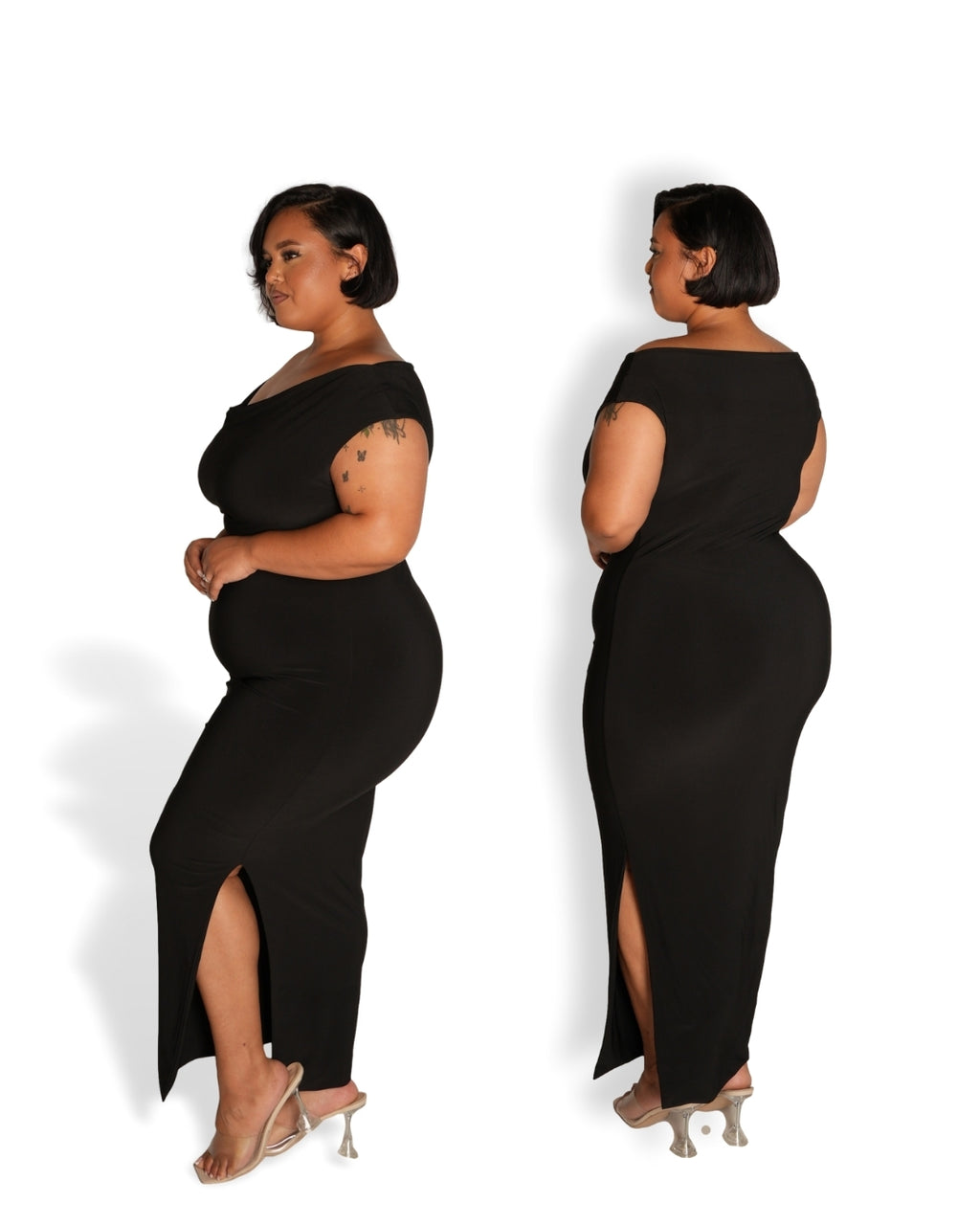 Black Cowl-Neck Dress with Slit