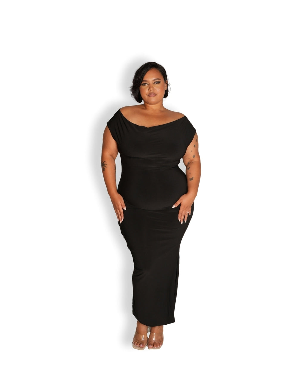 Black Cowl-Neck Dress with Slit