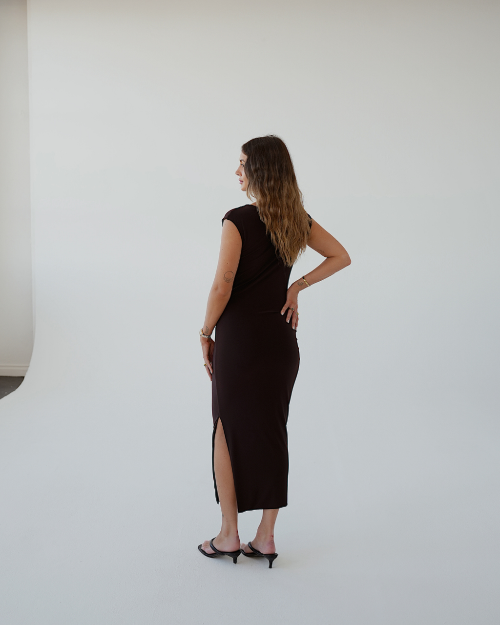 Chocolate Brown Cowl-Neck Dress with Slit