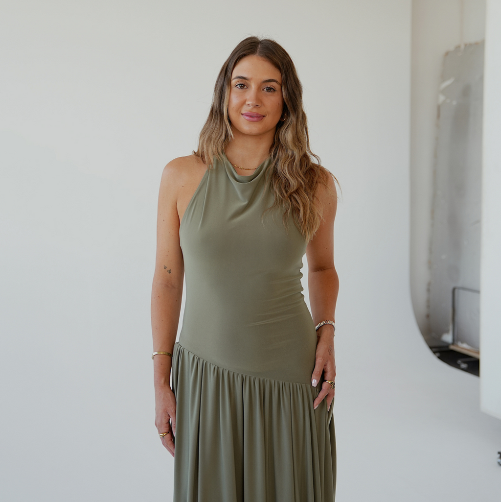 Light Khaki Halter Dress with Dropped Asymmetrical Waistline
