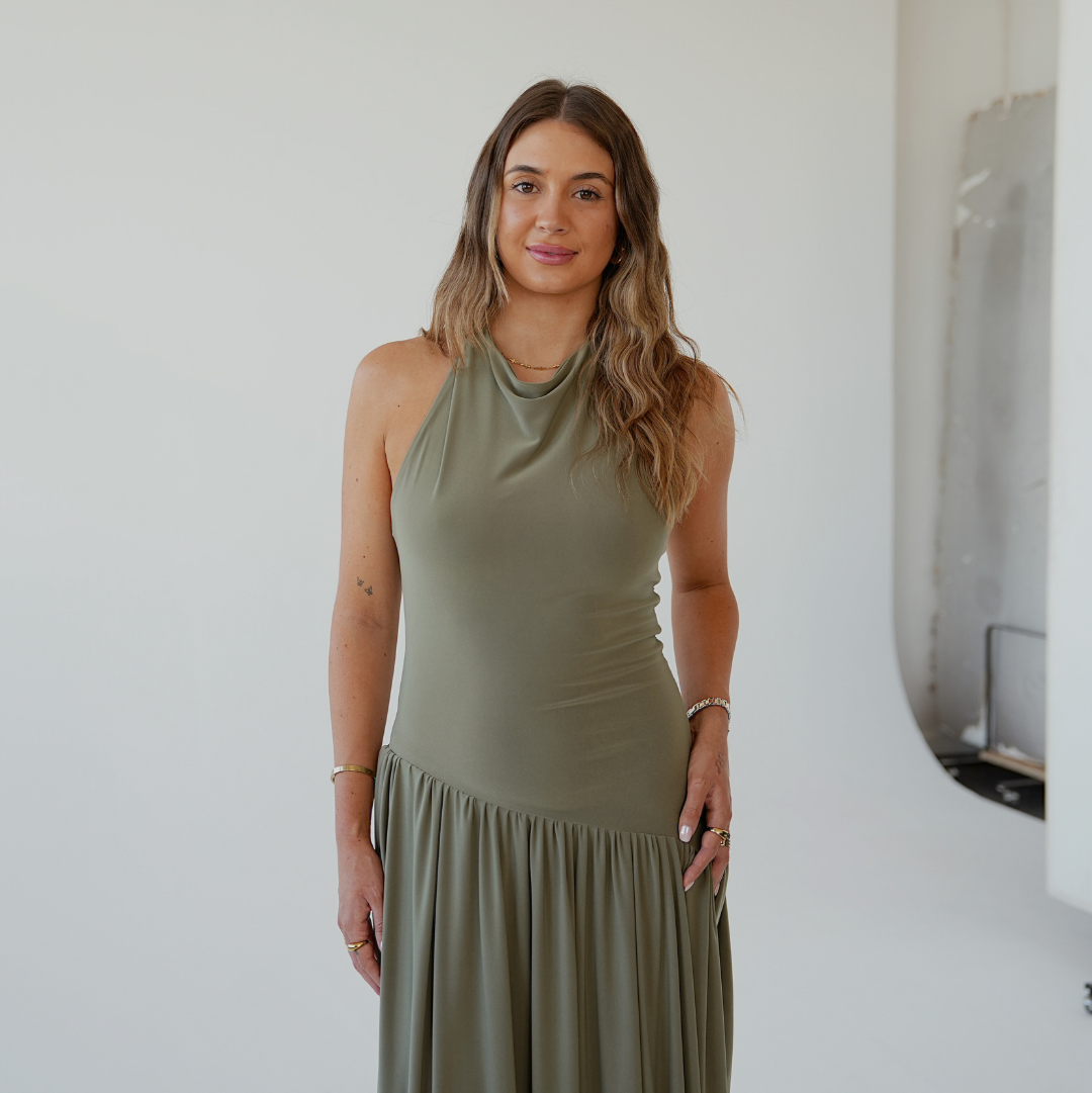 Light Khaki Halter Dress with Dropped Asymmetrical Waistline
