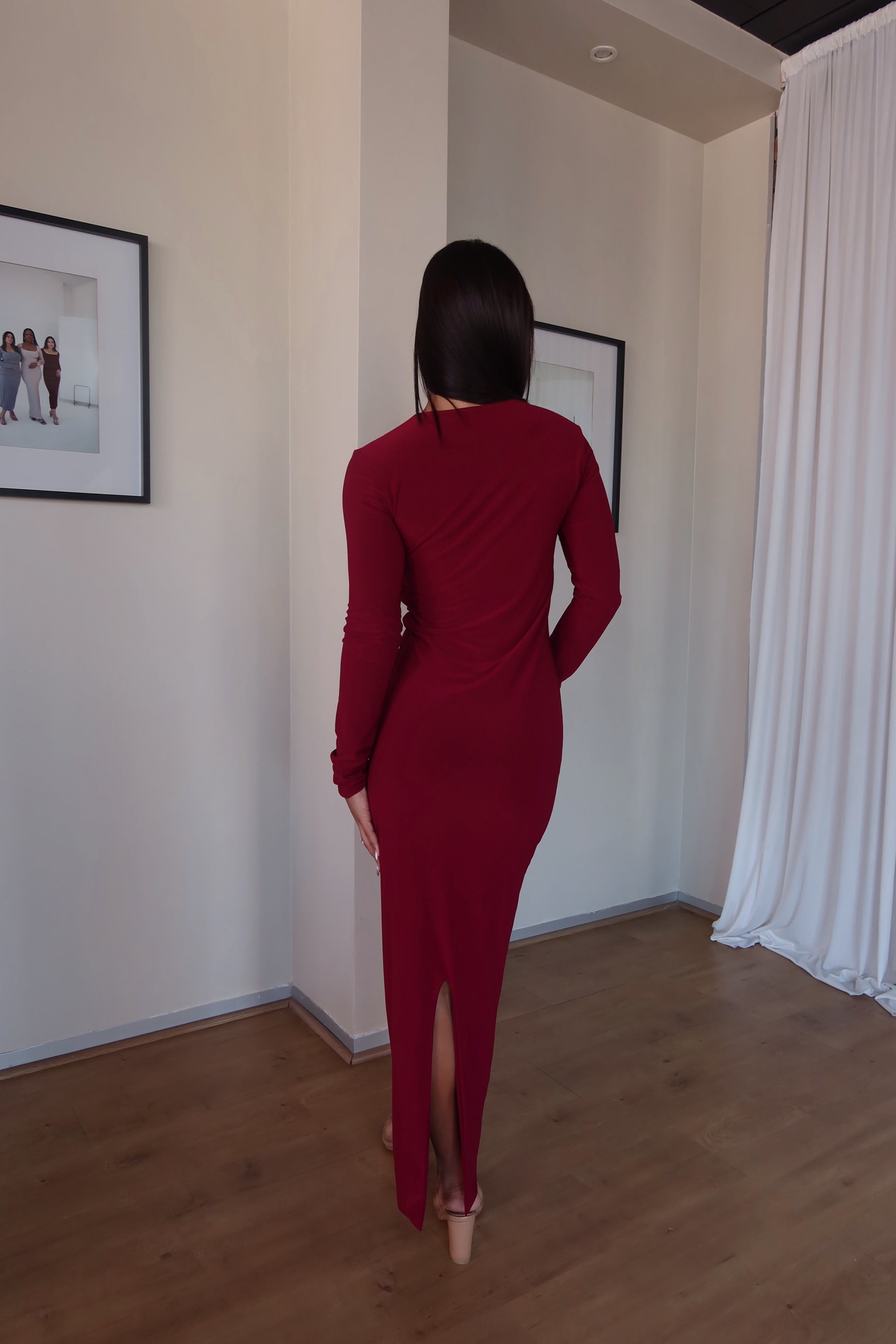 Maroon Crew-Neck Sculpted Dress with Long Sleeves