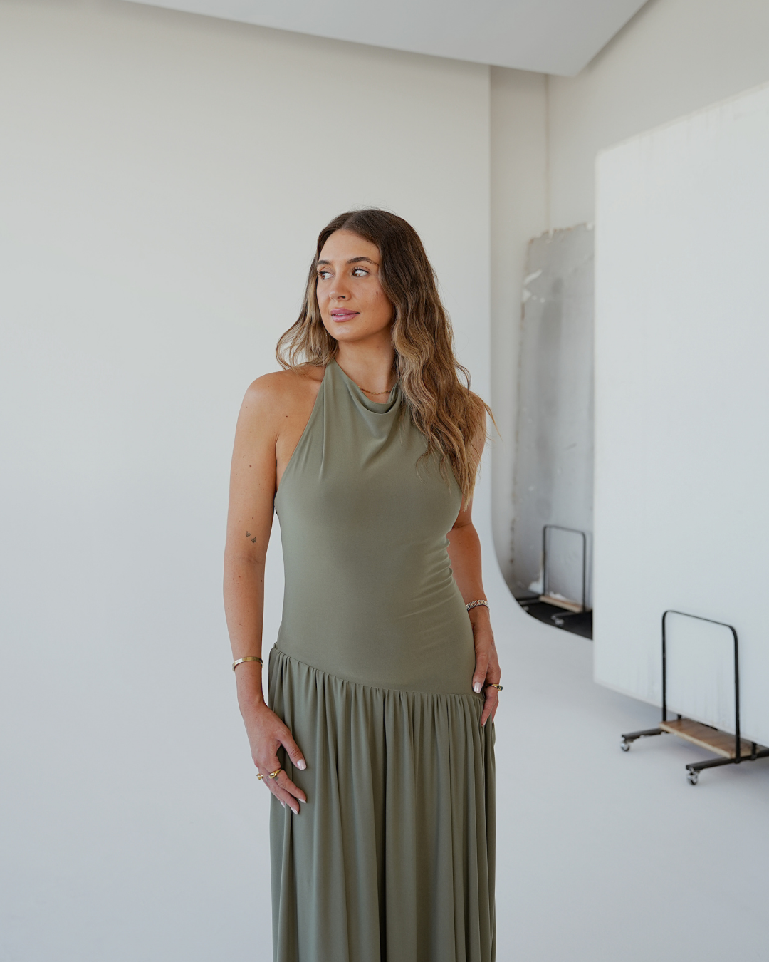 Light Khaki Halter Dress with Dropped Asymmetrical Waistline