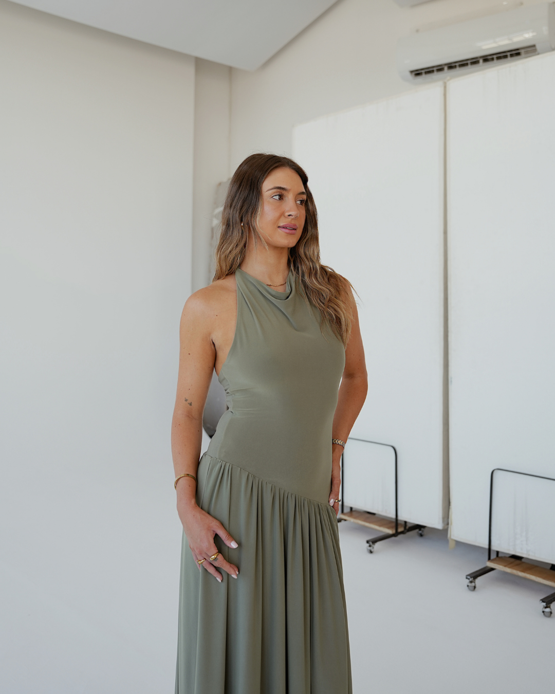 Light Khaki Halter Dress with Dropped Asymmetrical Waistline