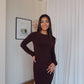 Chocolate Brown Crew-Neck Sculpted Dress with Long Sleeves
