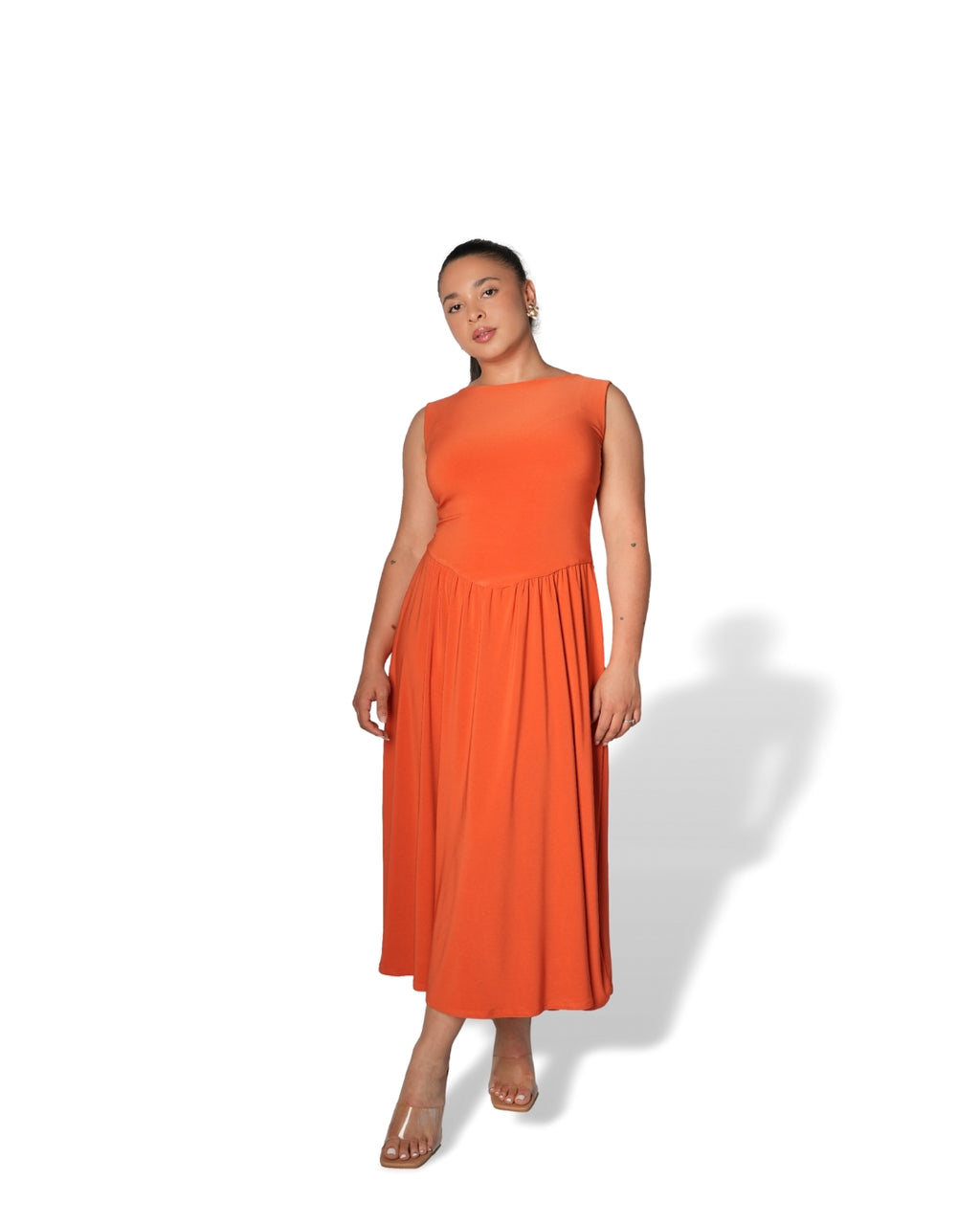 Orange Boat Neck Drop Waist Midi Dress