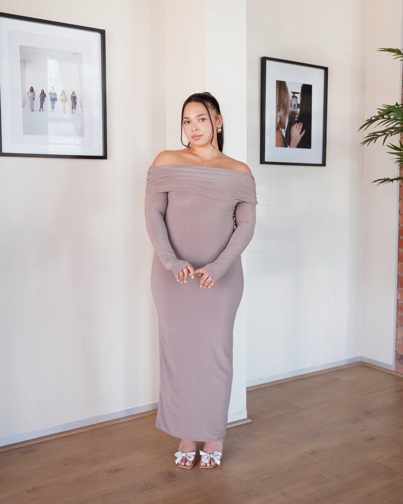 Mocha Bardot Sculpted Dress with Long Sleeves