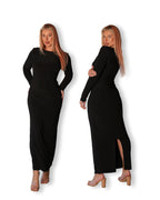 Black Crew-Neck Sculpted Dress with Long Sleeves