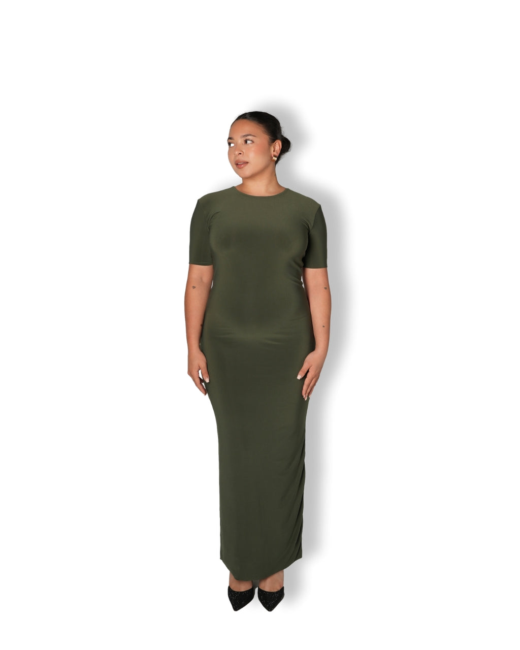 Khaki Crew-Neck Sculpted Dress with Short Sleeves
