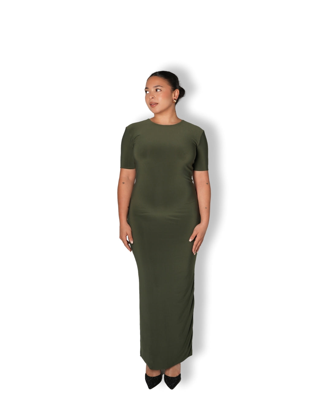 Khaki Crew-Neck Sculpted Dress with Short Sleeves