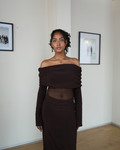 Chocolate Brown Mesh Off-Shoulder Dress with Long Sleeves