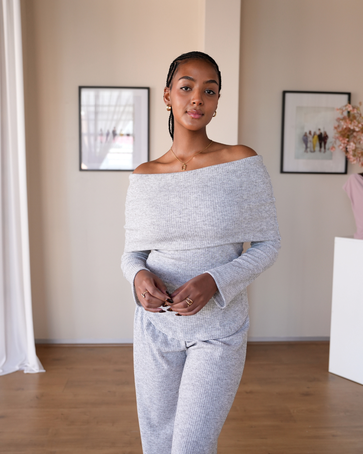 Grey Knit Off-Shoulder Top