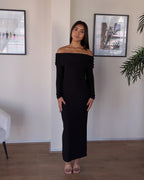 Black Bardot Sculpted Dress with Long Sleeves
