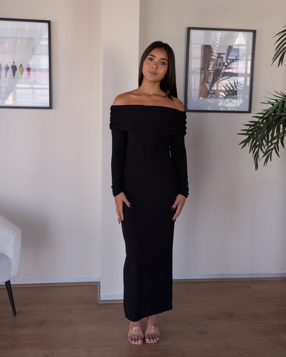 Black Bardot Sculpted Dress with Long Sleeves