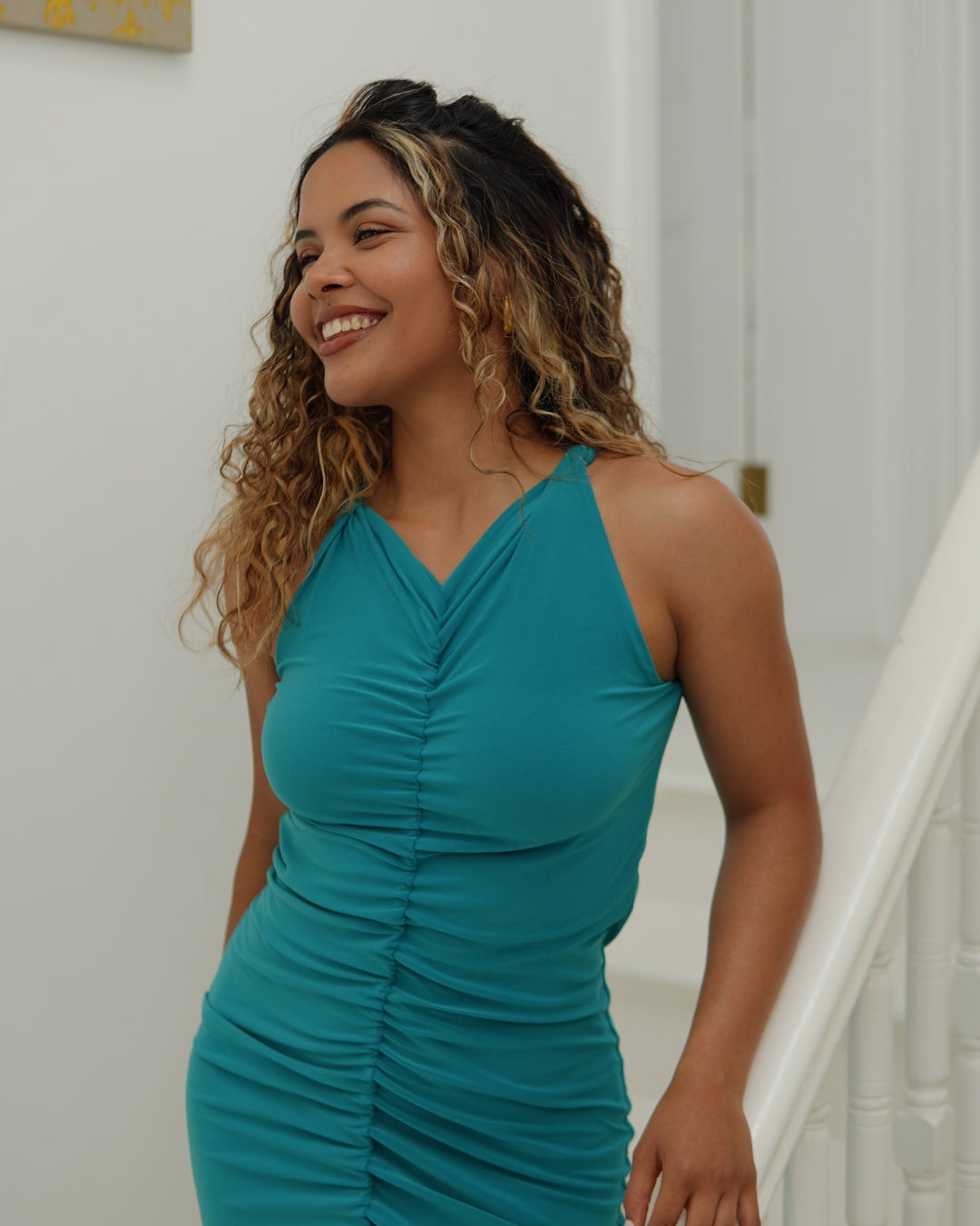 Teal Twisted Halter Neck Dress