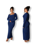 Navy Blue Long-sleeved Sculpted Dress