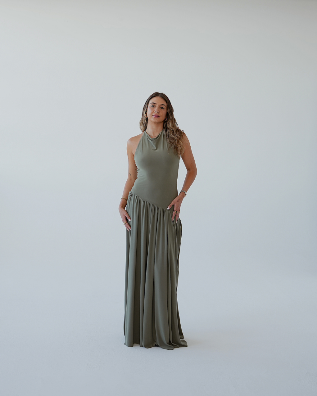 Light Khaki Halter Dress with Dropped Asymmetrical Waistline